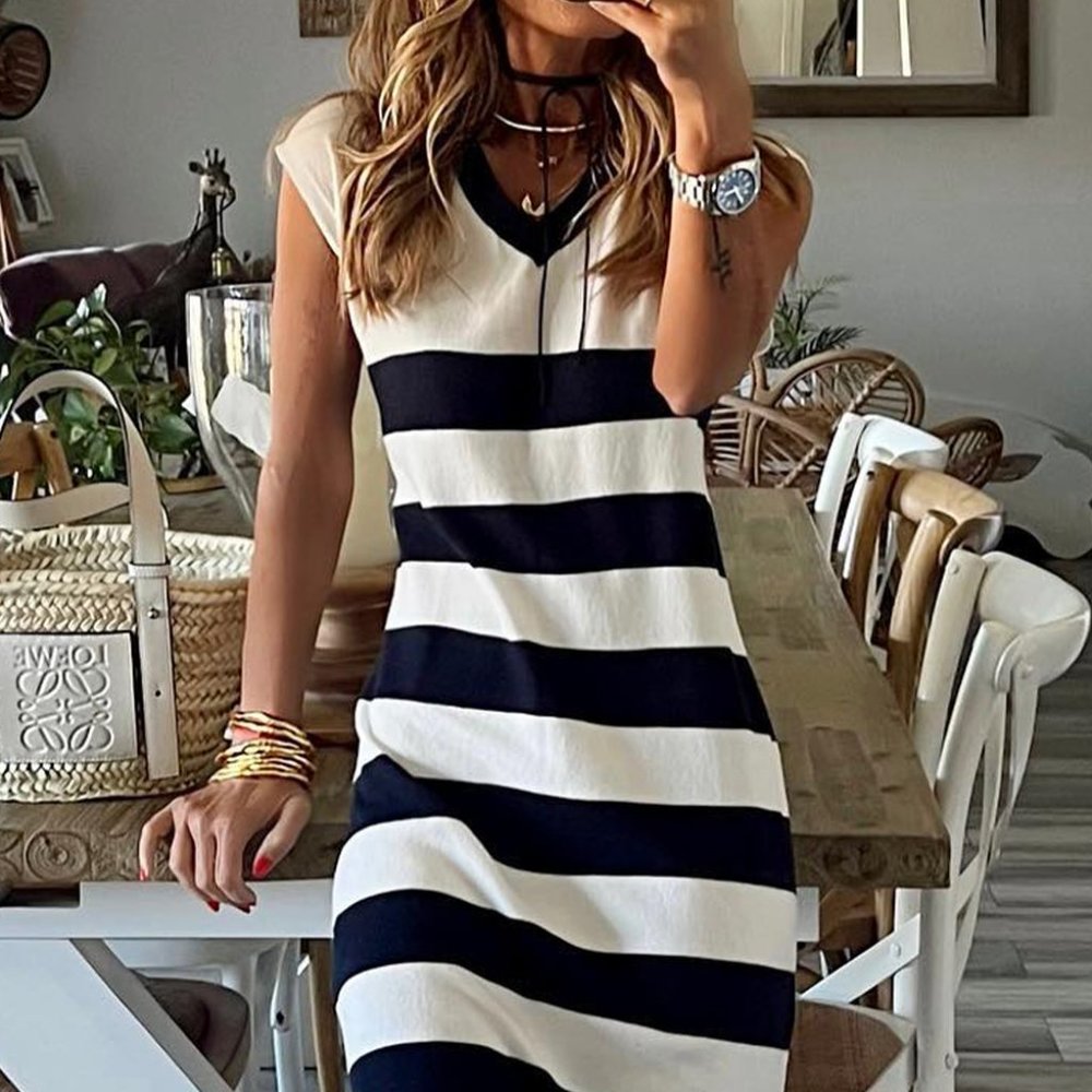Stripe V Neck Cap Sleeve Midi Dress